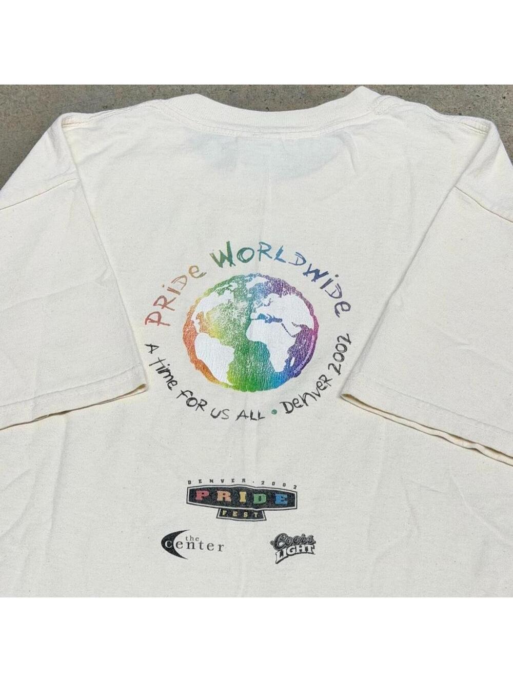 Vintage 2002 Denver Pride Worldwide Festival T-Shirt Mens Medium Cream LGBTQ Y2K